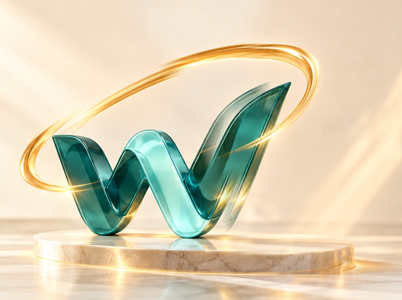 Complete teal glass W with a golden elliptical aura on a cream stone pedestal